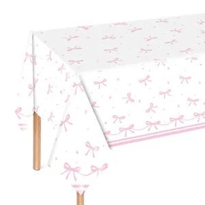 Close-up of waterproof rectangle tablecloth with pink bows and star patterns