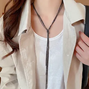 Minimalist multi-layer chain tassel lariat necklace in gunmetal grey for women