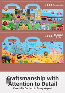 Detail of transport and sea life themes in portable stickers books for early education