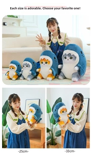 Detailed comparison of 25cm and 33cm creative shark cat plush toys in home setting