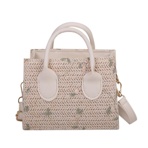 Handmade straw woven handbag with flower embroidery and PU leather handle in cream white