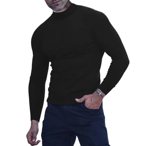 Close-up of black slim fit turtleneck long sleeve t-shirt for men in knit fabric