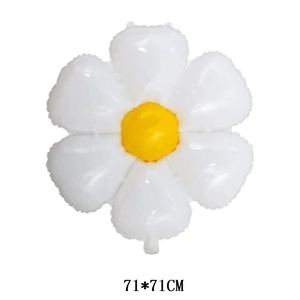 Detail view of large white daisy foil balloon with yellow center sized 71x71cm