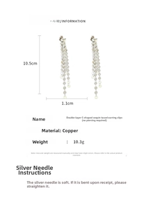 Silver sequin tassel clip-on earrings for women with detailed size and weight parameters