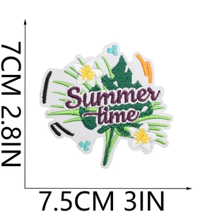 Detail of Summer Time flamingo embroidery patch showing 7.5x7cm dimensions on white background