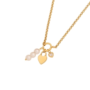 Golden box chain necklace featuring a heart padlock, crystal heart, and pearl charms