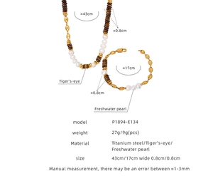 Detail showing dimensions of titanium steel tiger's-eye and pearl necklace and bracelet set