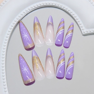 Purple cat eye press on nails with French glitter and white snowflakes on heart mirror