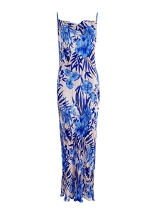 Detail of thin straps and draped neckline on a floral pleated midi dress