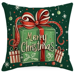 Green Christmas pillowcase with festive Merry Christmas gift box and snowflake illustration