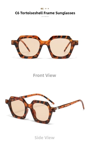 Front and side views of tortoiseshell geometric sunglasses with brown lenses
