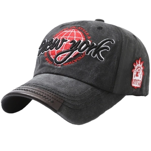 Dark grey washed cotton New York baseball cap with leather brim and embroidery detail