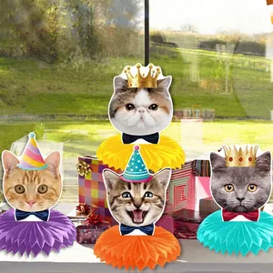 Set of 4 cute cat themed birthday party honeycomb table centerpieces in vibrant colors
