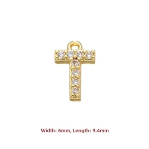 Macro view of gold-plated S925 silver letter T pendant with zircon inlays (6x9.4mm)