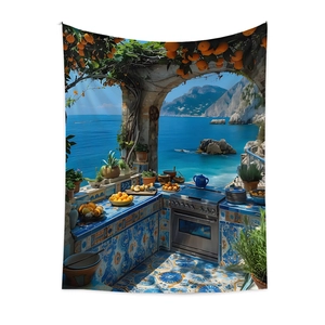 Detail of Mediterranean wall tapestry showing blue tile stove, oranges, and sea view