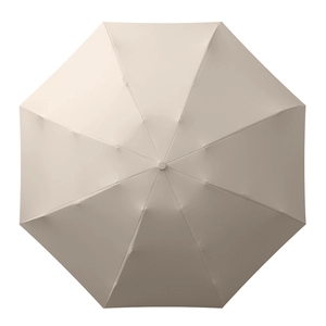 Compact beige six-fold sun umbrella with black UV protection coating and octagonal canopy