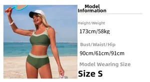 Detail view of two-piece sporty bikini in green color block style with high waist bottom