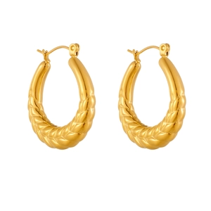 Golden hollow hoop earrings with woven texture in a minimalist geometric style