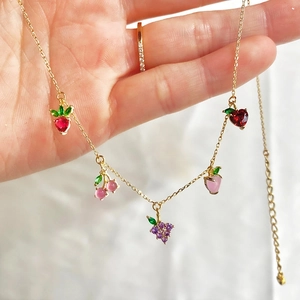 18K Gold Plated Copper Zirconia Fruit Pendant Necklace For Women Sweet Strawberry Cherry Grape Peach Pineapple Jewelry
