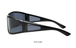 Detailed side view of Y2K wrap-around sunglasses with side shields and dark grey lenses