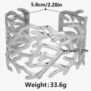 Detail view of silver hollow C-shape cuff bracelet with exact size and weight dimensions