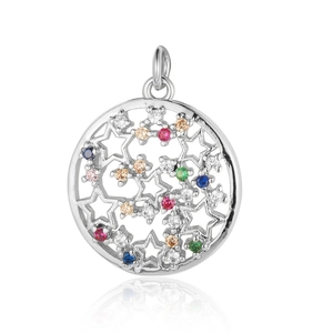 Close-up of a silver star pendant with colorful zirconia inlay and hollow design
