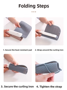 Deep gray silicone heat-resistant mat for hair tools with non-slip ripple texture and strap