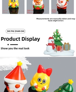 Close-up of colorful Christmas Squishy toys showing 32g weight and 9cm size details