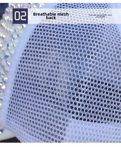 Detailed macro view of white breathable mesh fabric with colorful rhinestone embellishments