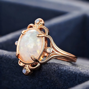 Macro detail of vintage rose gold ring with large opal stone and intricate filigree