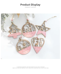Pink glittery wooden Christmas pendants with reindeer and Santa laser-cut designs