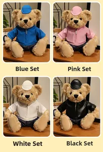 Detailed views of dressed teddy bears in blue, pink, white, and black sets