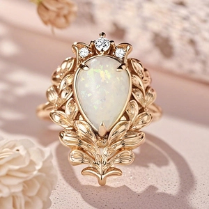 Detail of baroque gold ring featuring a pear-shaped opal and intricate leaf engraving