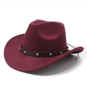 Ethnic Western cowboy felt hat in burgundy with turquoise studded leather band decoration