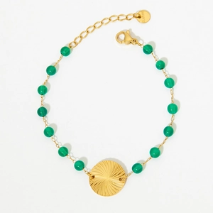 Ethnic beaded bracelet with green agate and spiral sunburst stainless steel pendant