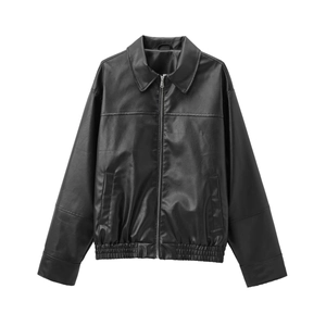 Detailed close-up of black faux leather aviator jacket featuring collar and zip closure