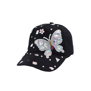 Fashionable black baseball cap with rhinestone butterfly applique and sparkling crystal gems