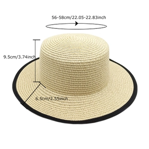 Beige French boater straw hat with black trim and dimensions 56-58cm head circumference