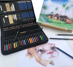 Detail view of professional 95-piece art set with colored pencils and sketch tools in a case