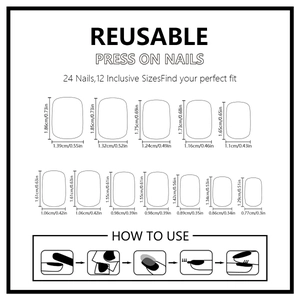 Detailed size chart and instructions for 24pcs glossy heart flame press-on nails