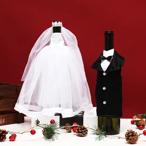Wedding wine bottle cover set with bride veil and groom tuxedo for holiday table decor