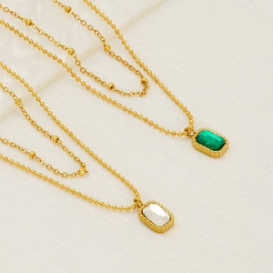 Double-layered titanium steel necklace with rectangular green and white gemstones