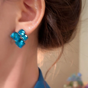 Blue geometric cube earrings with sparkling resin crystals for a modern stylish look