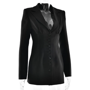 Détail d'une robe blazer noire à coupe cintrée avec boutons à simple boutonnage et revers