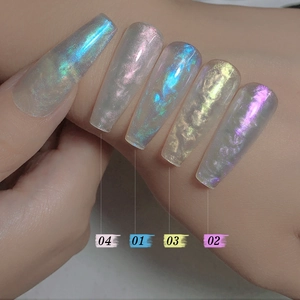 Close-up of Aurora holographic nail extensions with 01-04 iridescent shade models