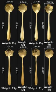 Size chart showing dimensions for eight golden stainless steel flower shaped dessert spoons