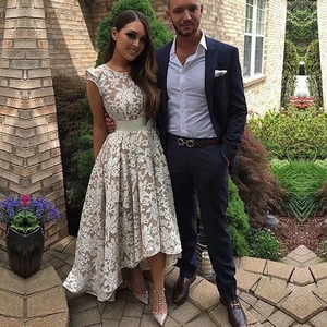 Women Lace Evening Dress Sleeveless Round Neck High Low Hem Retro Floral Elegant Party Gown With Belt