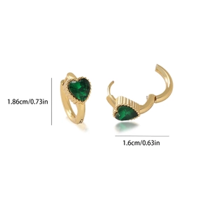 Detailed view of gold hoop earrings with heart emerald zircon and size measurements
