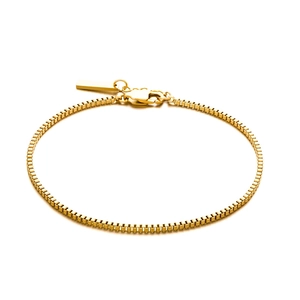 Golden stainless steel box chain bracelet for men with lobster clasp and blank metal tag