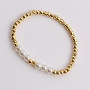 Chic gold-plated bead and white pearl stretch bracelet for women in minimalist style